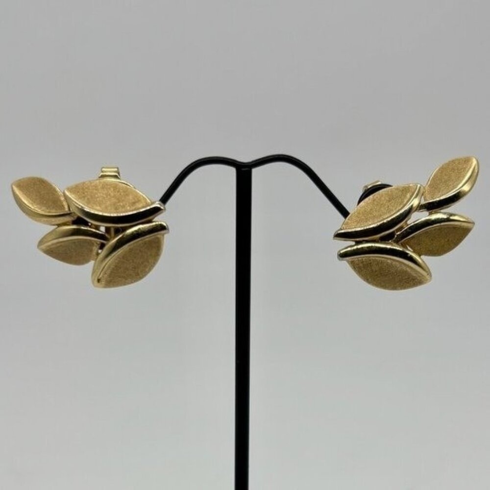 Vintage Crown Trifari Earrings, Leaf Pattern, Gold Tone Metal, Stylized Textured